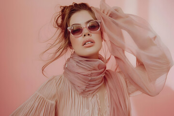 Wall Mural - A style influencer in a flowing scarf and designer glasses, posing against an elegant dusty rose background, projecting sophistication and trendsetting fashion 