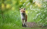 Fototapeta Zwierzęta - Portrait of a red fox cub standing in a meadow