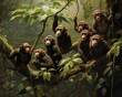 A mischievous group of monkeys swings through a lush rainforest canopy, their playful chatter echoing through the dense foliage