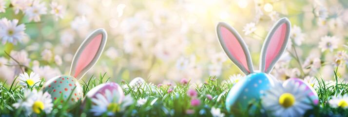 Wall Mural - Easter background with eggs and bunny ears on green grass and flowers