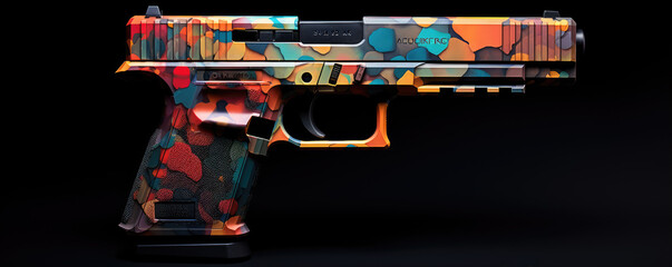 Vivid colored handgun on black background. Glock pistol weapon in rainbow colors