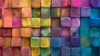 illustration of a mesmerizing abstract geometric rainbow-colored 3D wooden square cubes texture wal