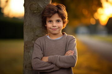 Little brunette kid at outdoors