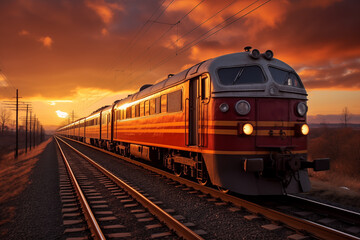 moving train traveling on the tracks in sunset