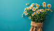 Bouquet of daisies in a paper bag on a blue background. Place for text