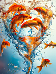 Wall Mural - A heart made of golden fish swimming  and dynamic splash of water. World Oceans Day,Fish Migration day of Fisheries Day concept