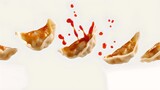 Fototapeta Abstrakcje - Dynamic frozen motion of dumplings with splashing sauce. Creative capture, food in action. Culinary photography, white background. AI