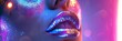 Neon Woman Face, High Fashion Model, Neon Lips Woman in Colorful Bright Neon Blue and Purple Lights