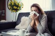 Sick Woman Sneezing, Female Coughs to Tissue, Allergy at Home, Cold or Flu Concept, Hay Fever
