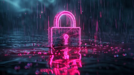 Wall Mural -   A padlock floating in the middle of a body of water, surrounded by water droplets In its center, a pink neon padlock glows