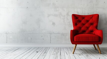 Canvas Print -   A red chair sits atop a wooden floor, beside a pristine white wall Behind it lies a brick wall