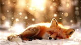 Fototapeta  -   A tight shot of a fox in the snow, head turned to the side, eyes shut