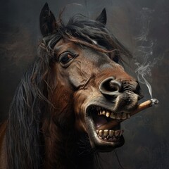 Wall Mural -   A horse with an open mouth holds a cigarette between its teeth