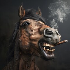 Wall Mural -   A horse with an extended mouth, holding a cigarette between its teeth, exhaling smoke