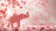   A pink elephant holds a flower in its trunk against a white backdrop, surrounded by a field filled with pink blooms