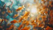   A group of goldfish swim in a pond Sunlight filters through tree leaves behind them