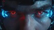  A tight shot of a face with red and blue lights illuminating each eye