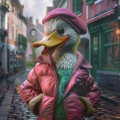 Sticker -   A duck, donned in a pink jacket and a matching pink hat, stands in the middle of a cobblestoned street