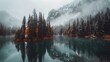   A forested clearing with a snow-surrounded lake amidst towering, snow-capped mountains under a foggy, overcast sky