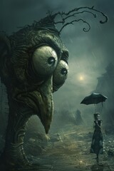 Canvas Print -   A woman, umbrella in hand, stands beside a towering creature in a densely fogged forest's heart