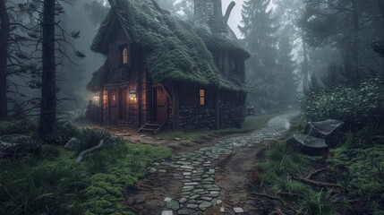 Wall Mural -   A house in the forest, surrounded by trees, features a pathway winding towards it, and a stone walkway connecting it