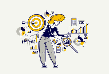 Business goal vector outline illustration, business strategy woman entrepreneur developing and managing his plan, motivation and target.