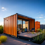 Fototapeta Natura - modern shipping container house feature compressed into a tiny home concept bathed in the glow