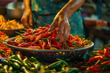 A hand grabbing red chili from a pile on the table