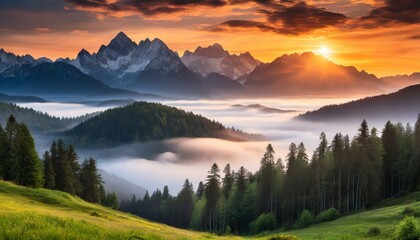 Wall Mural - Enchanting sunset over majestic mountains with misty forest, suitable for tranquil and scenic backgrounds