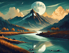 River In Front Of Mountain , Moon And Clouds In The Background 