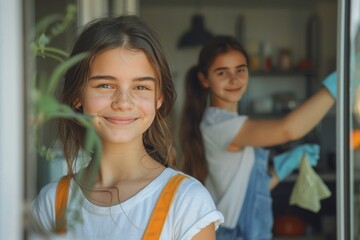 Cheerful teenage girl smiling while cleaning the door with her sister in the background at home