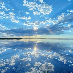 Poster - The sky is blue with clouds and the sun is shining. The water is calm and the reflection of the clouds and sky can be seen on the water