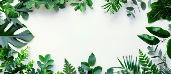 Canvas Print - Green foliage surrounds a white backdrop in a flat lay composition.