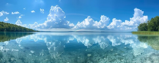 Poster - A beautiful blue ocean with a rainbow in the sky. The sky is cloudy and the water is calm