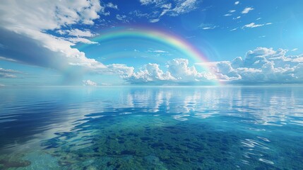 Leinwandbilder - A rainbow is seen in the sky above the ocean. The sky is blue and the water is calm. The scene is peaceful and serene