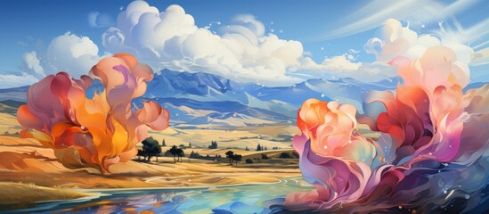 Wall Mural - Each small turbine contributes to sustainable energy production, showcasing the benefits of wind power painted with oil Double exposure.