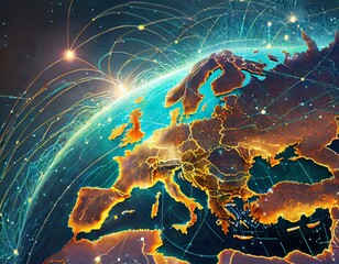 Wall Mural - European telecommunication and data transfer networks with global internet connectivity for communication technology. Abstract map of Western Europe, concept of European global