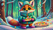 oil paint style cartoon character  Baby red fox in the snow eat pizza