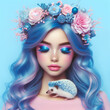 A girl with blue hair holds a hedgehog in her hands.