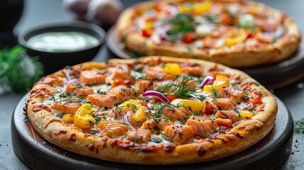   A tight shot of two pizzas, distinctly topped, atop a wooden platter on the table