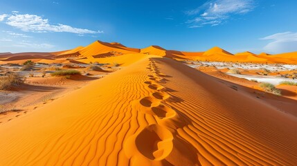 Wall Mural -   A desert scene with sand dunes and a blue sky adorned by scant wispy clouds in the far distance