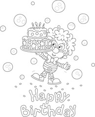 Wall Mural - Happy birthday card with a funny circus clown and a sweet holiday cake with candles among soap bubbles flying around, black and white vector illustration for a coloring book