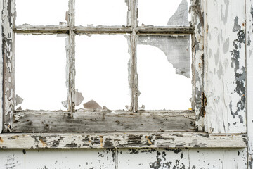 A detailed view of an old window with peeling paint and a broken pane, isolated against a stark white backdrop