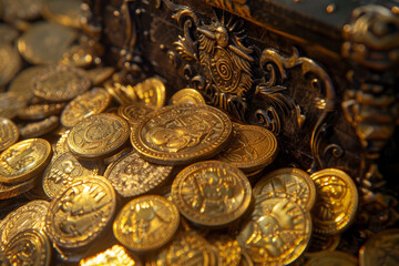 Wall Mural - A pile of gold coins sits on top of a wooden box