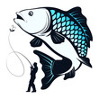 Catching a big fish and a fisherman with a fishing rod. Symbol for fishing and outdoor activities