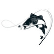 The fish jumps for the bait and fishing rod. Silhouette for fishing and outdoor activities