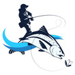 Fisherman with fishing rod catching fish design. Design for fishing and sport fishing