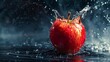 Dynamic image of water splashing against a freshly bitten apple, contrasting colors and motion