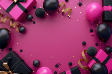 Wall Mural - black friday and birthday concept with chic gift boxes and balloons on a vivid pink background