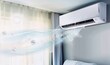 Air conditioner with cold air effect. Electronic device for monitoring room temperature. Realistic ac with breeze waves. Blue waves fresh air, design clean wavy pattern stream